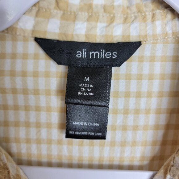 Ali Miles Yellow Checkered Gingham Tunic Top Medium Button Down Flowy 3/4 Sleeve - Picture 3 of 6